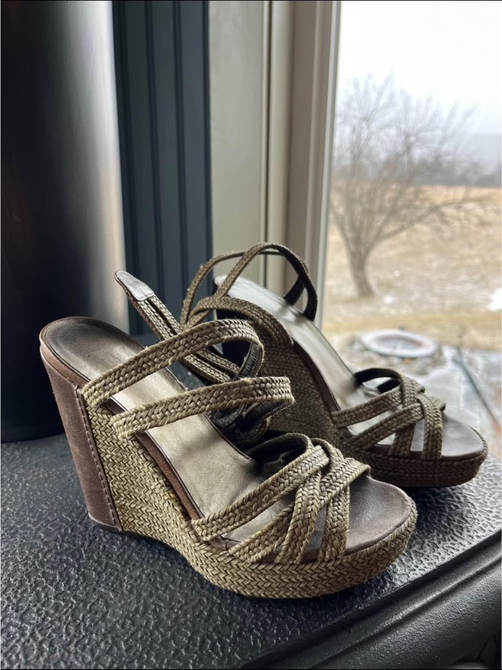 Stuart Weitzman Braided Green and Brown Wedge Sandals